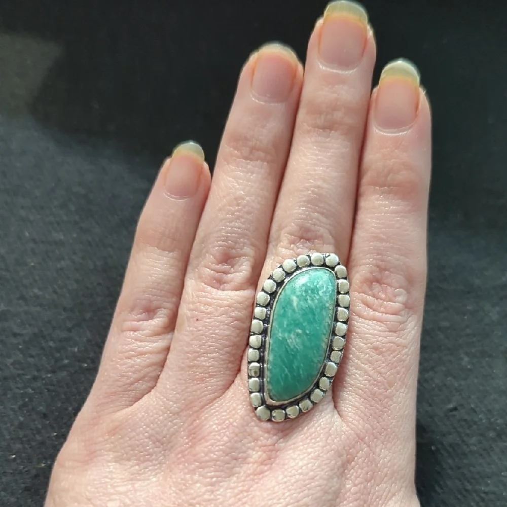 Silver Plated Teal Blue Green Amazonite Gemstone Statement Ring - size 8